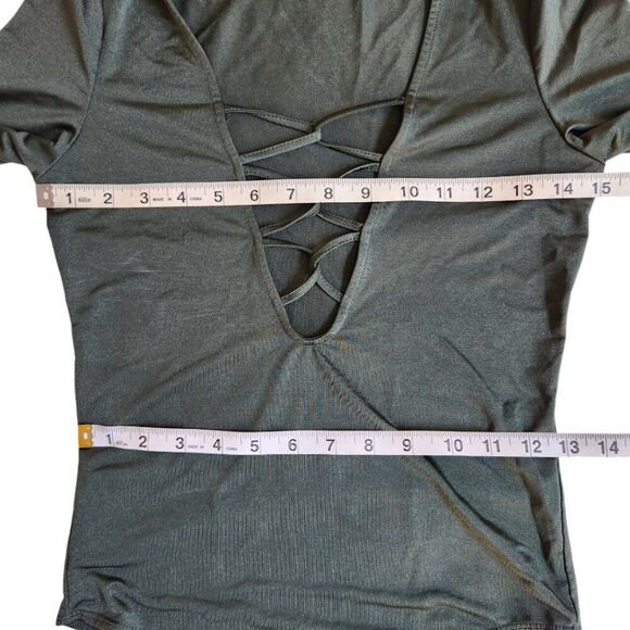 Forever 21 dark green deep plunge caged neckline thin semi sheer bodysuit sz M - Picture 7 of 11